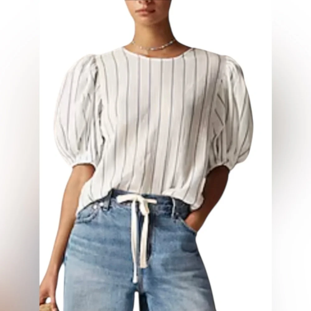 J. Crew Puff-sleeve Top In Sheer Gauze White and Blue Striped Blouse NWT XXS